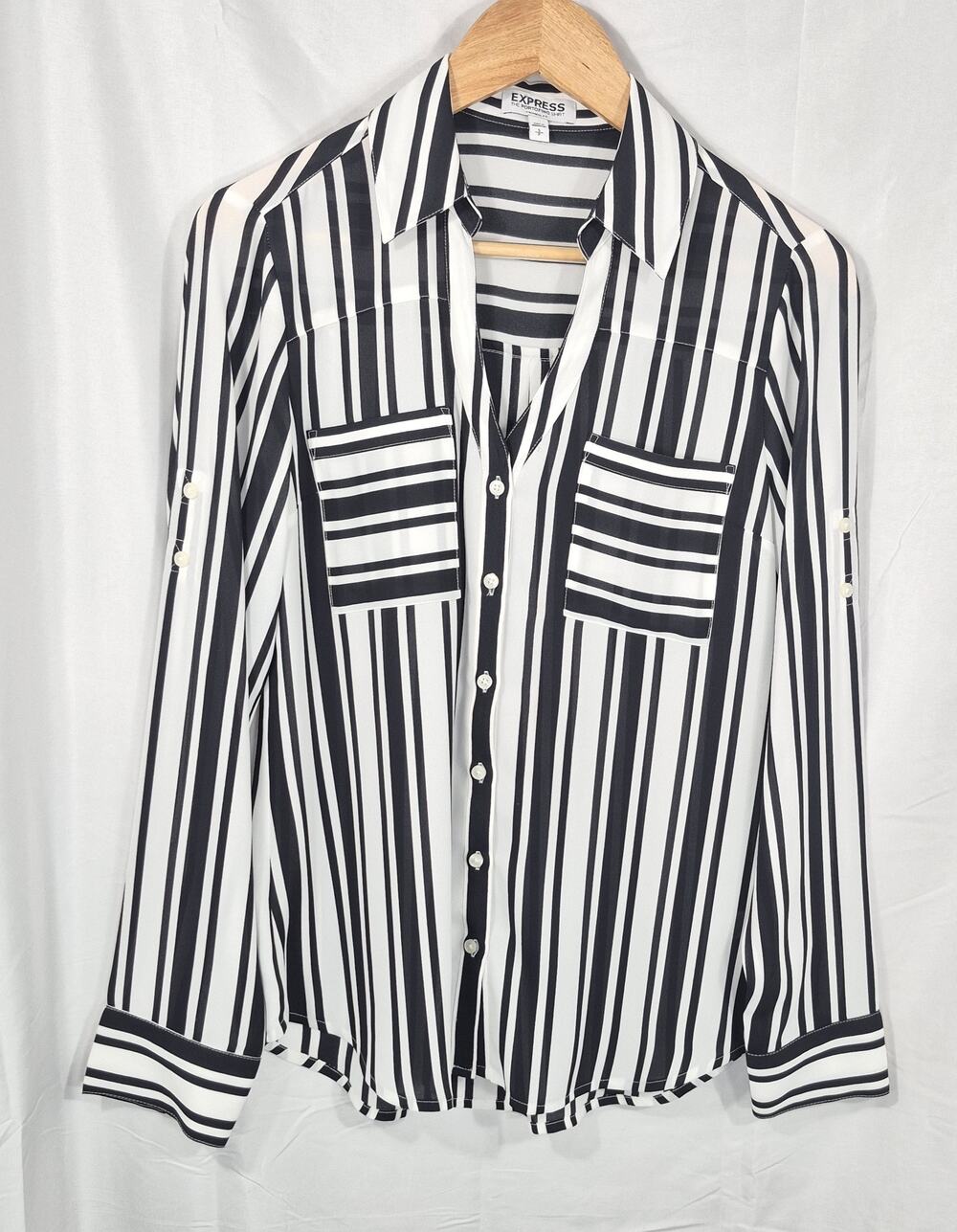 EXPRESS The Portofino Shirt Small Black White Striped Button Up Roll Tab Sleeve
